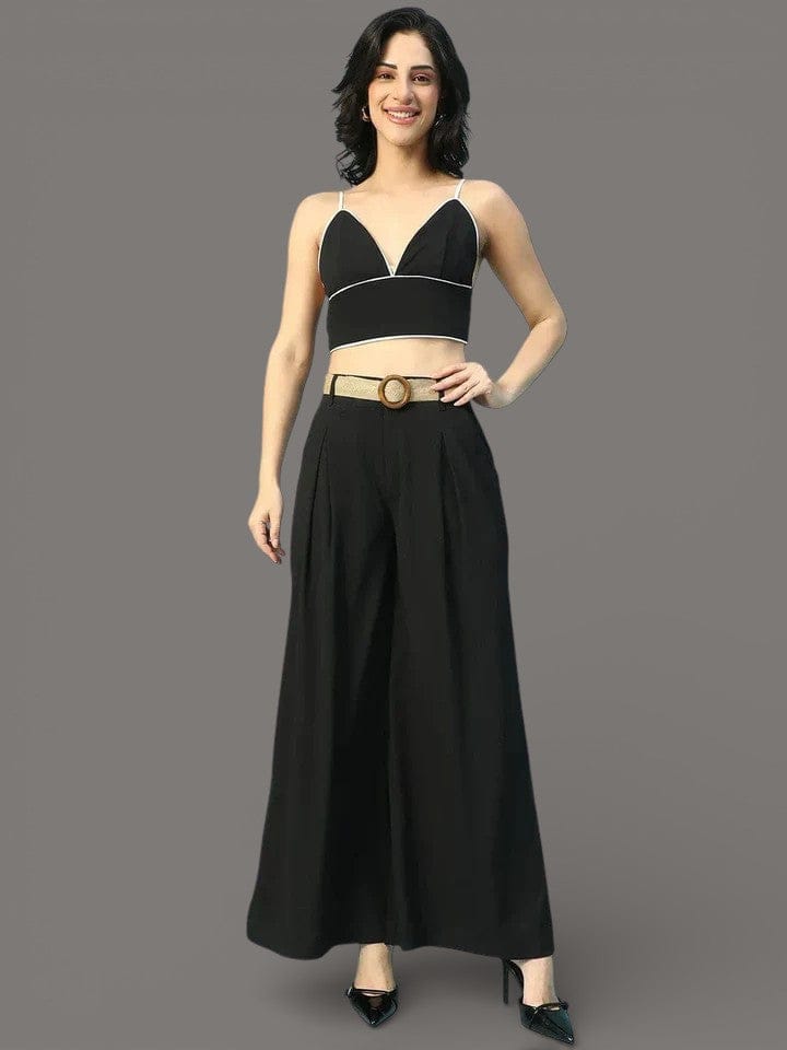 Solid Black V-Neck Crop Top With Pant Women Co-Ord Set