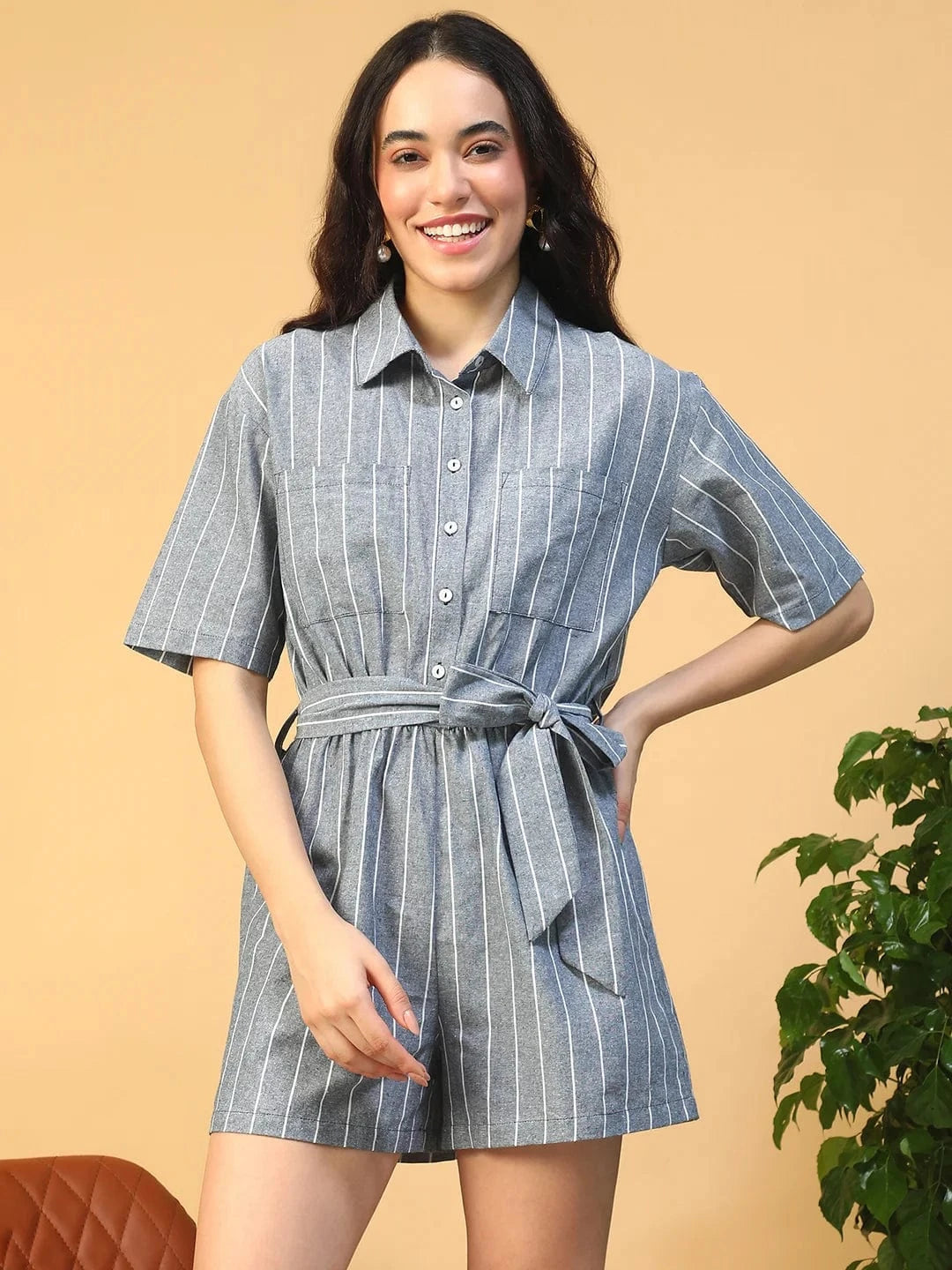 Boss Blue Stripe Print Elasticated With Tie-Up Belt Button Down Women Cotton Playsuit