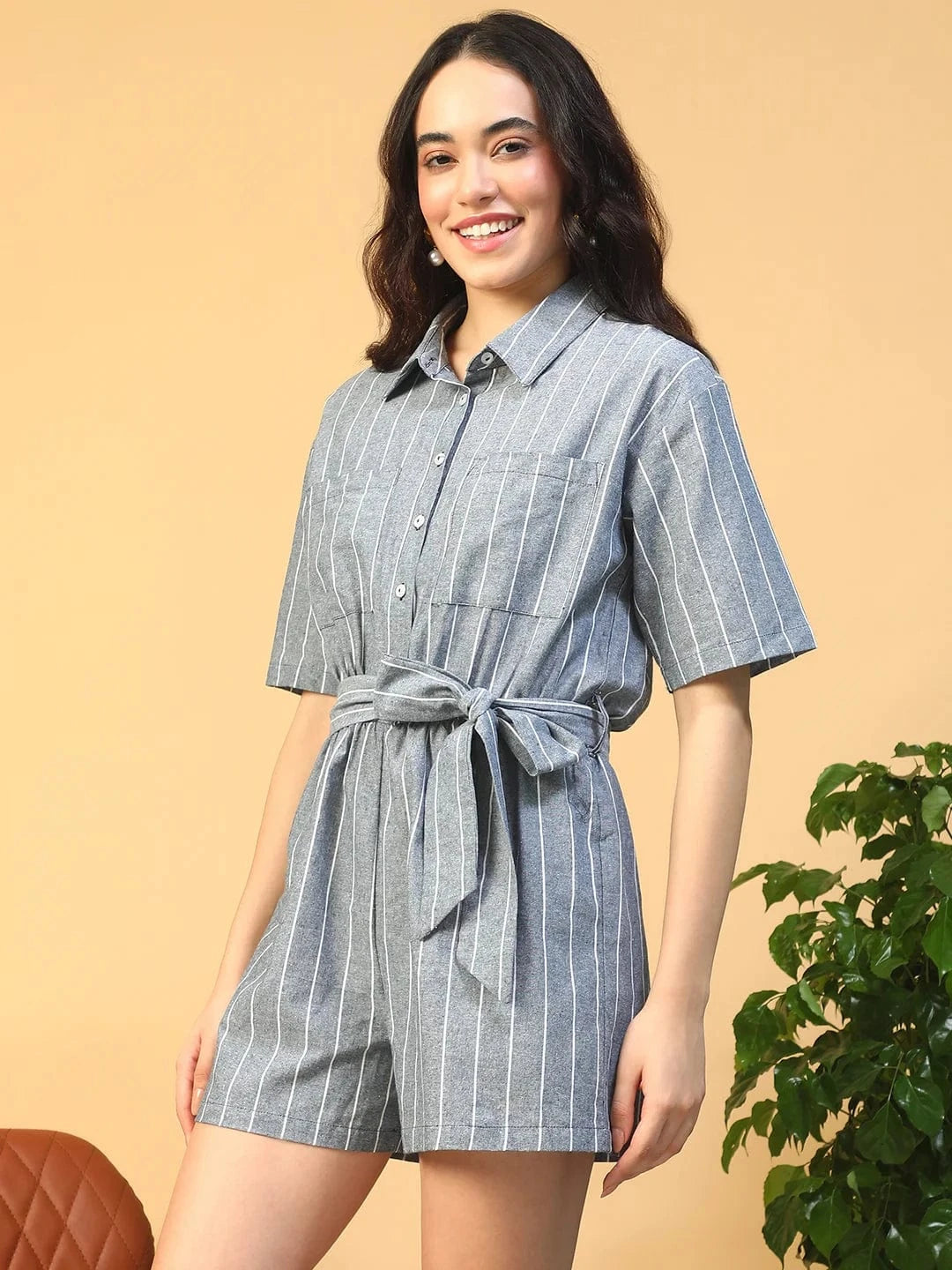 Boss Blue Stripe Print Elasticated With Tie-Up Belt Button Down Women Cotton Playsuit
