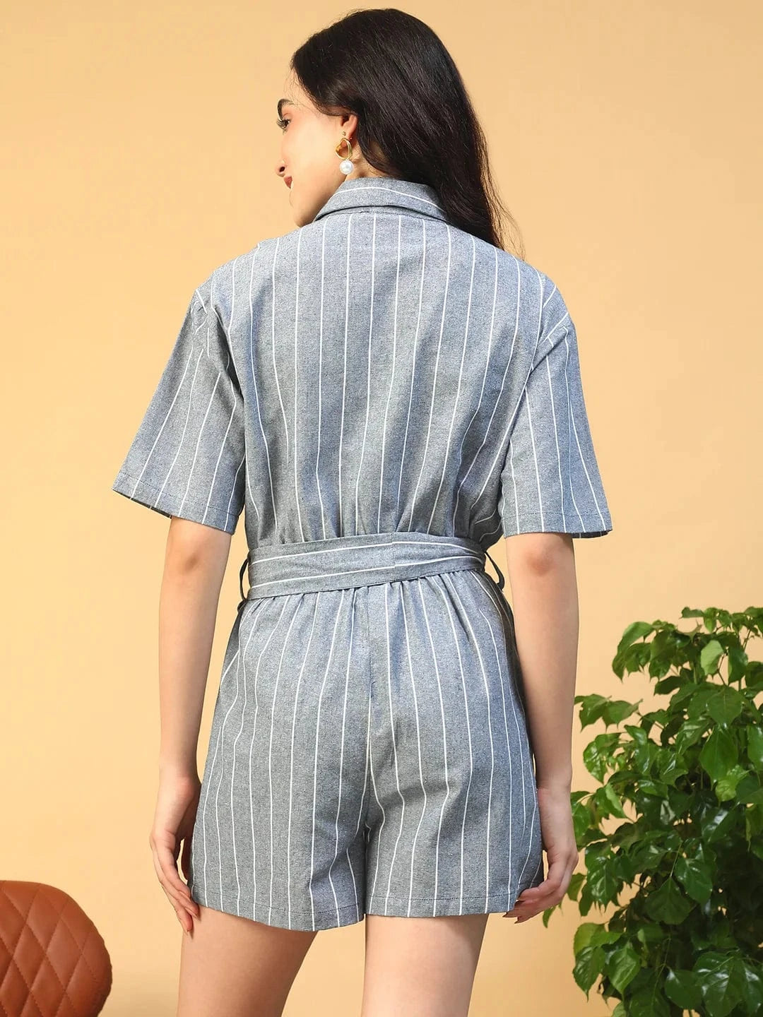 Boss Blue Stripe Print Elasticated With Tie-Up Belt Button Down Women Cotton Playsuit
