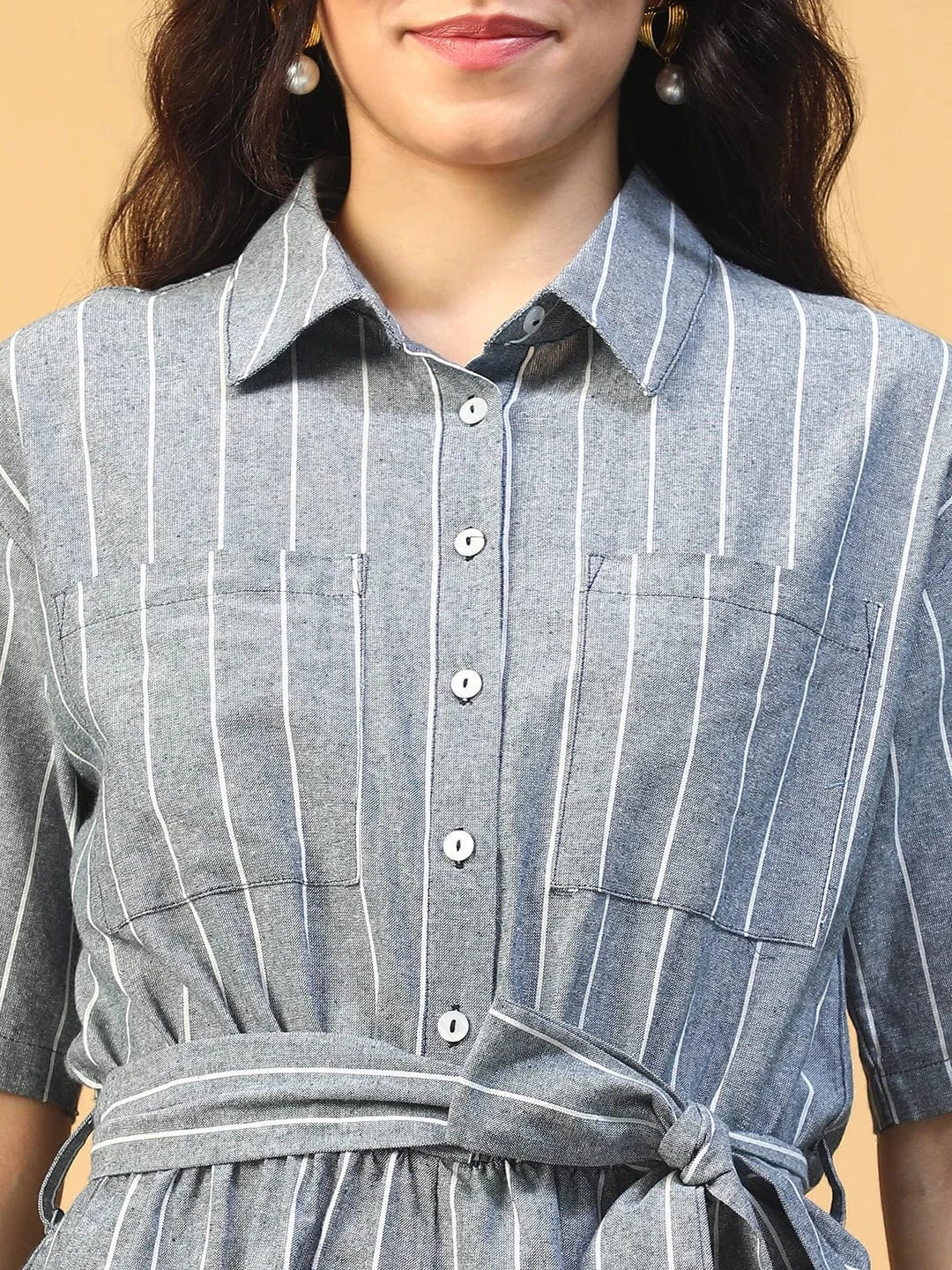 Boss Blue Stripe Print Elasticated With Tie-Up Belt Button Down Women Cotton Playsuit