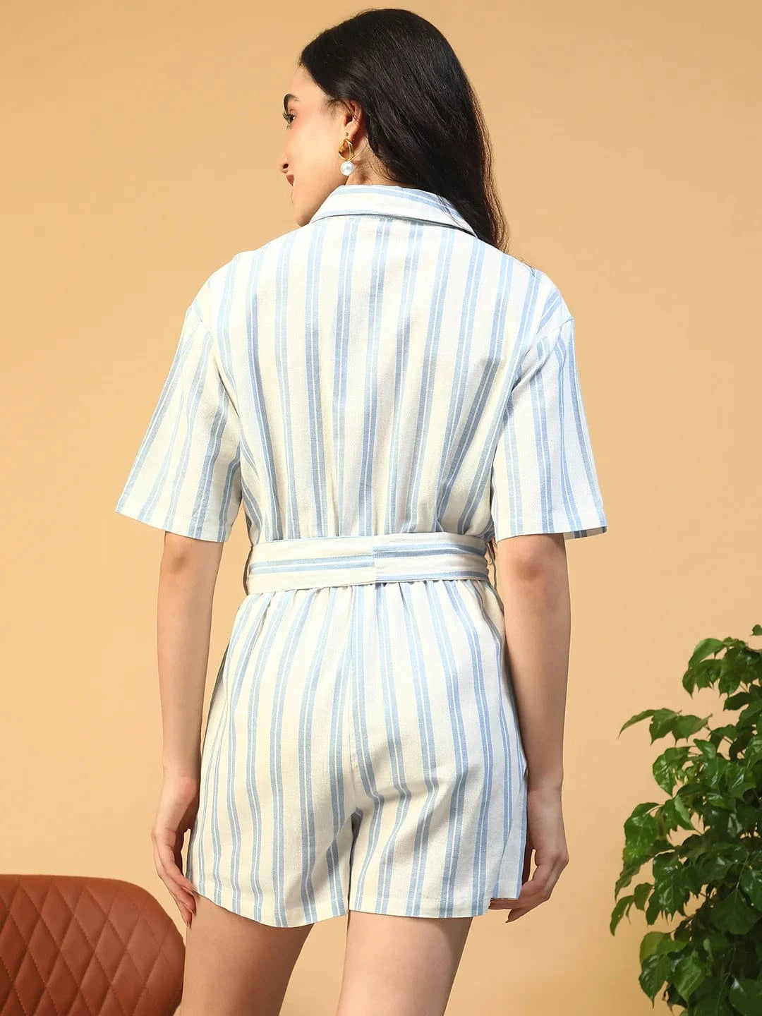 Hype blue Stripe Print Elasticated With Tie-Up Belt Button Down Women Cotton Playsuit