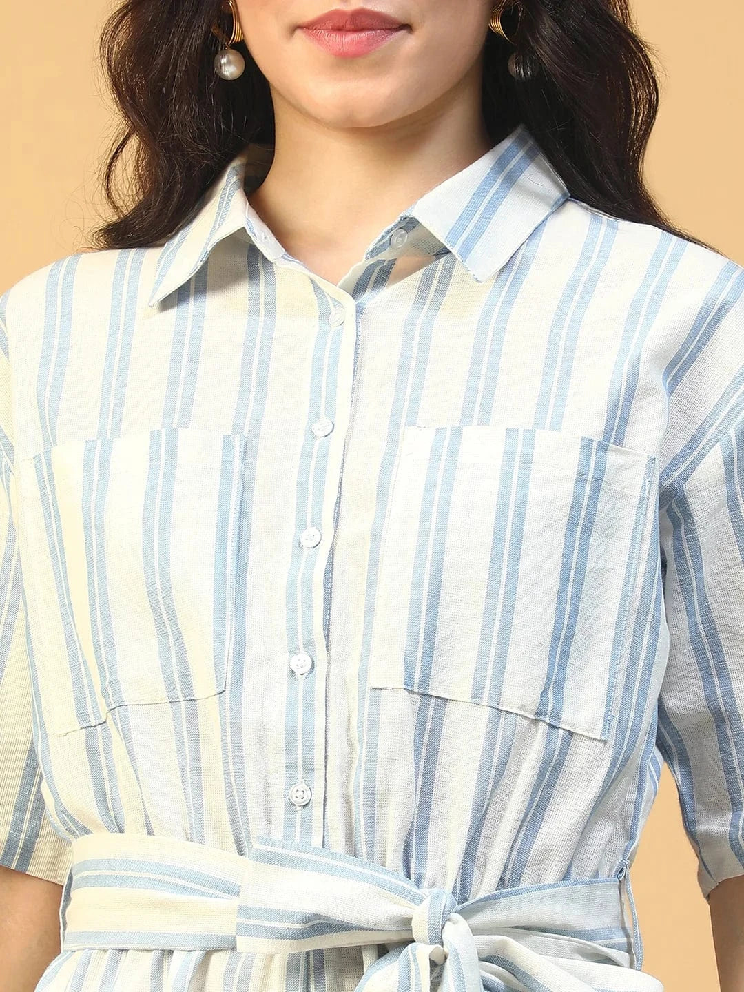 Hype blue Stripe Print Elasticated With Tie-Up Belt Button Down Women Cotton Playsuit