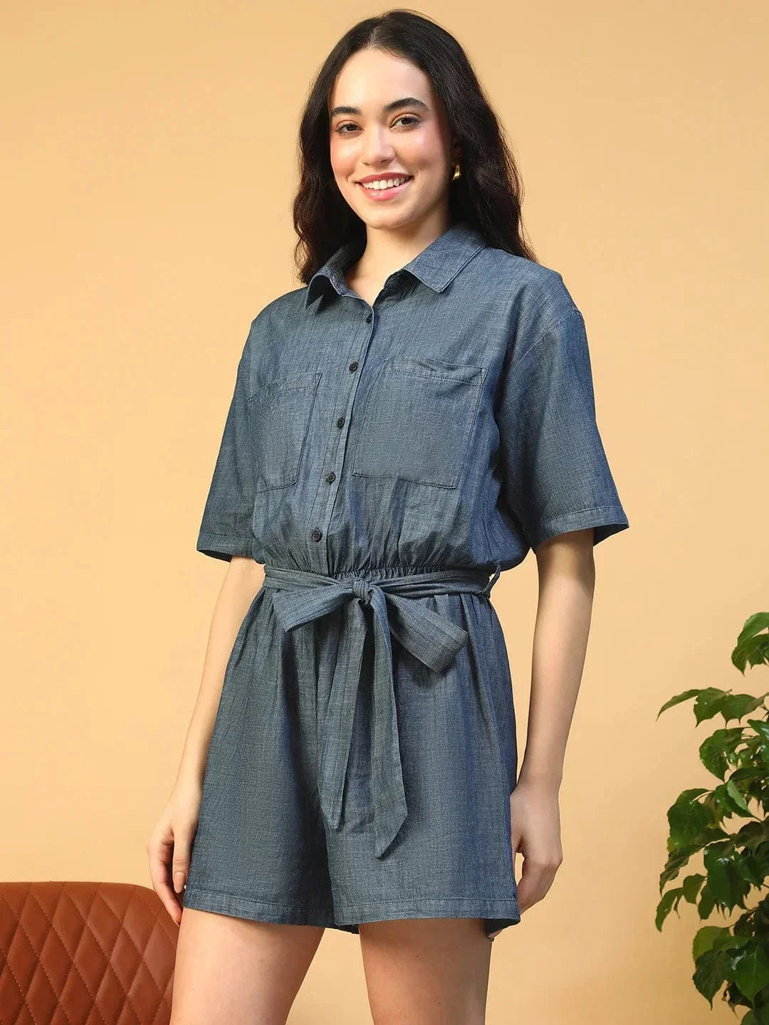Vancy Blue Collared Button Down Elasticated With Tie-Up Belt Women Cotton Denim Playsuit - oxolloxo