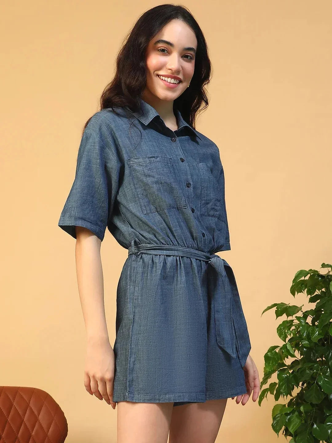 Vancy Blue Collared Button Down Elasticated With Tie-Up Belt Women Cotton Denim Playsuit - oxolloxo