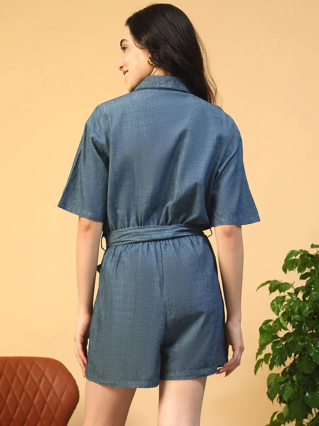 Vancy Blue Collared Button Down Elasticated With Tie-Up Belt Women Cotton Denim Playsuit - oxolloxo