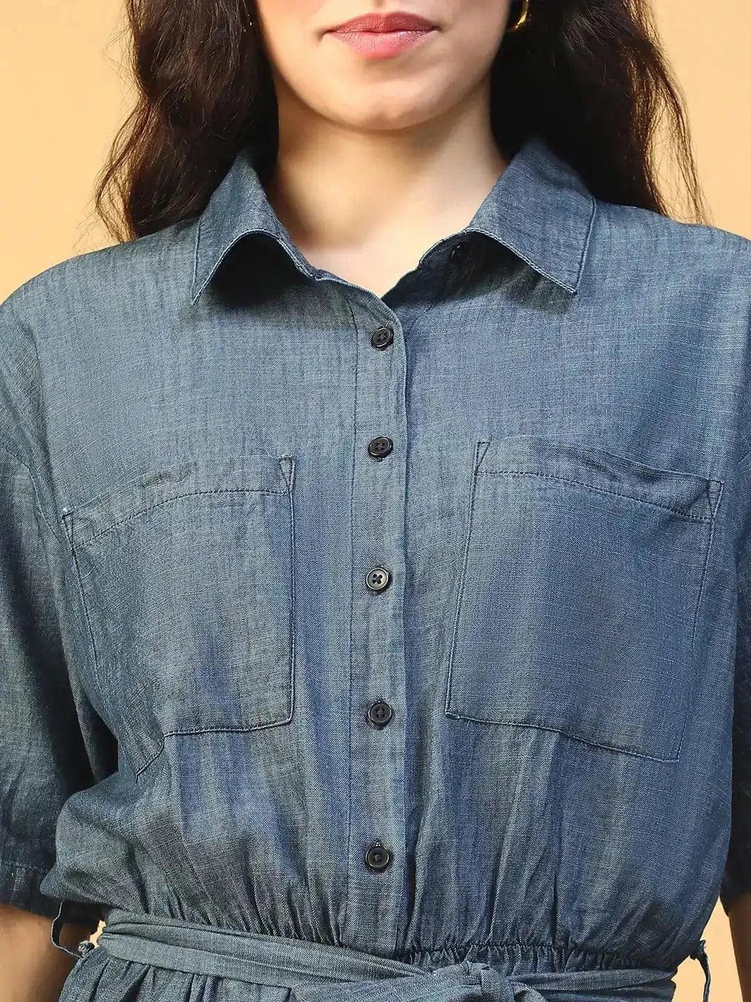 Vancy Blue Collared Button Down Elasticated With Tie-Up Belt Women Cotton Denim Playsuit - oxolloxo