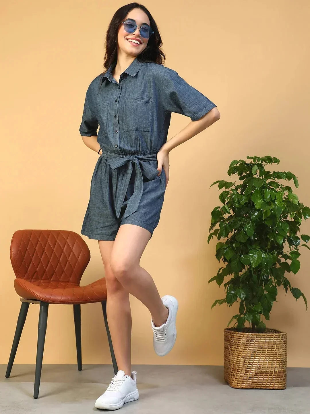 Vancy Blue Collared Button Down Elasticated With Tie-Up Belt Women Cotton Denim Playsuit - oxolloxo