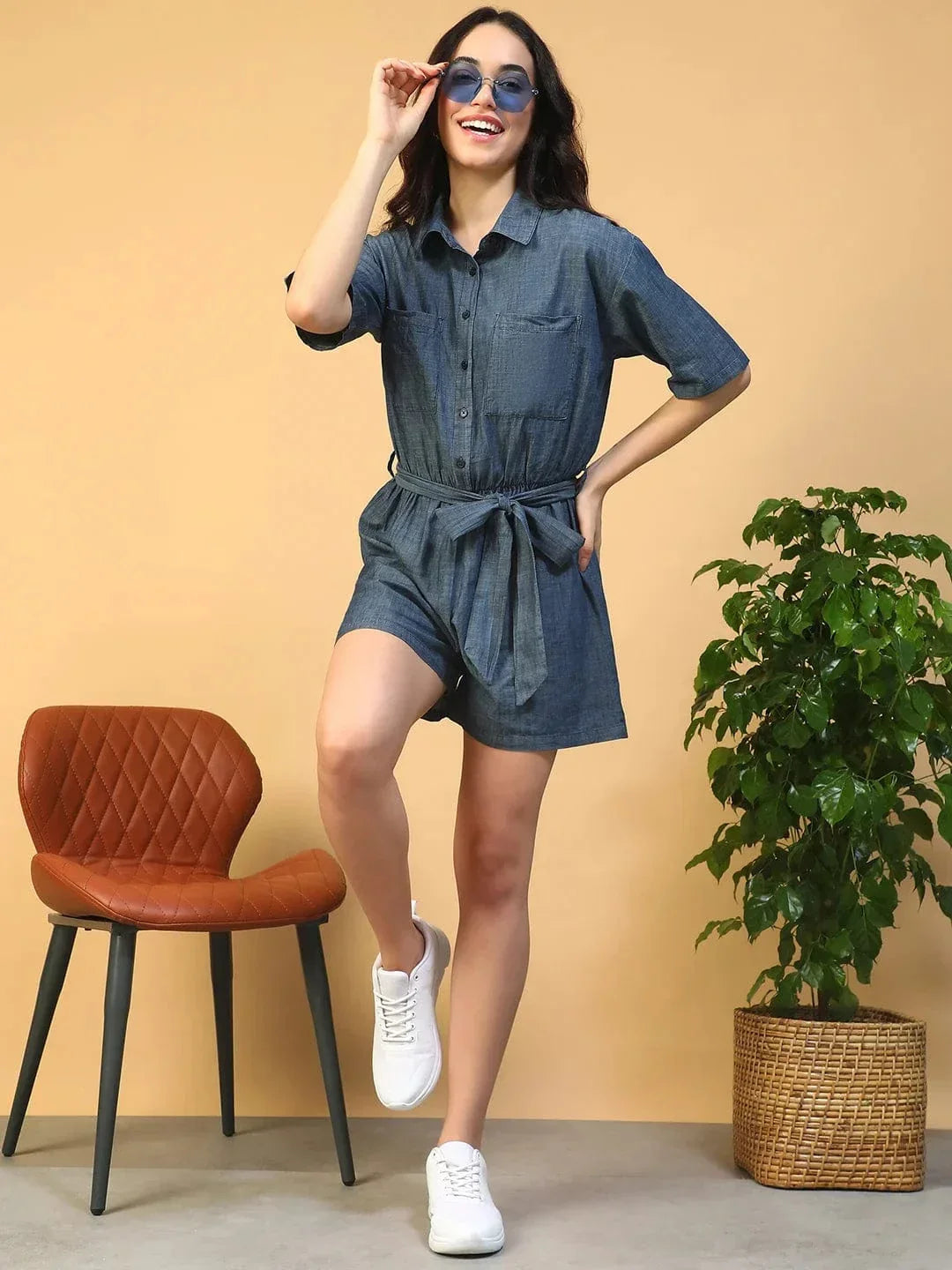Vancy Blue Collared Button Down Elasticated With Tie-Up Belt Women Cotton Denim Playsuit - oxolloxo