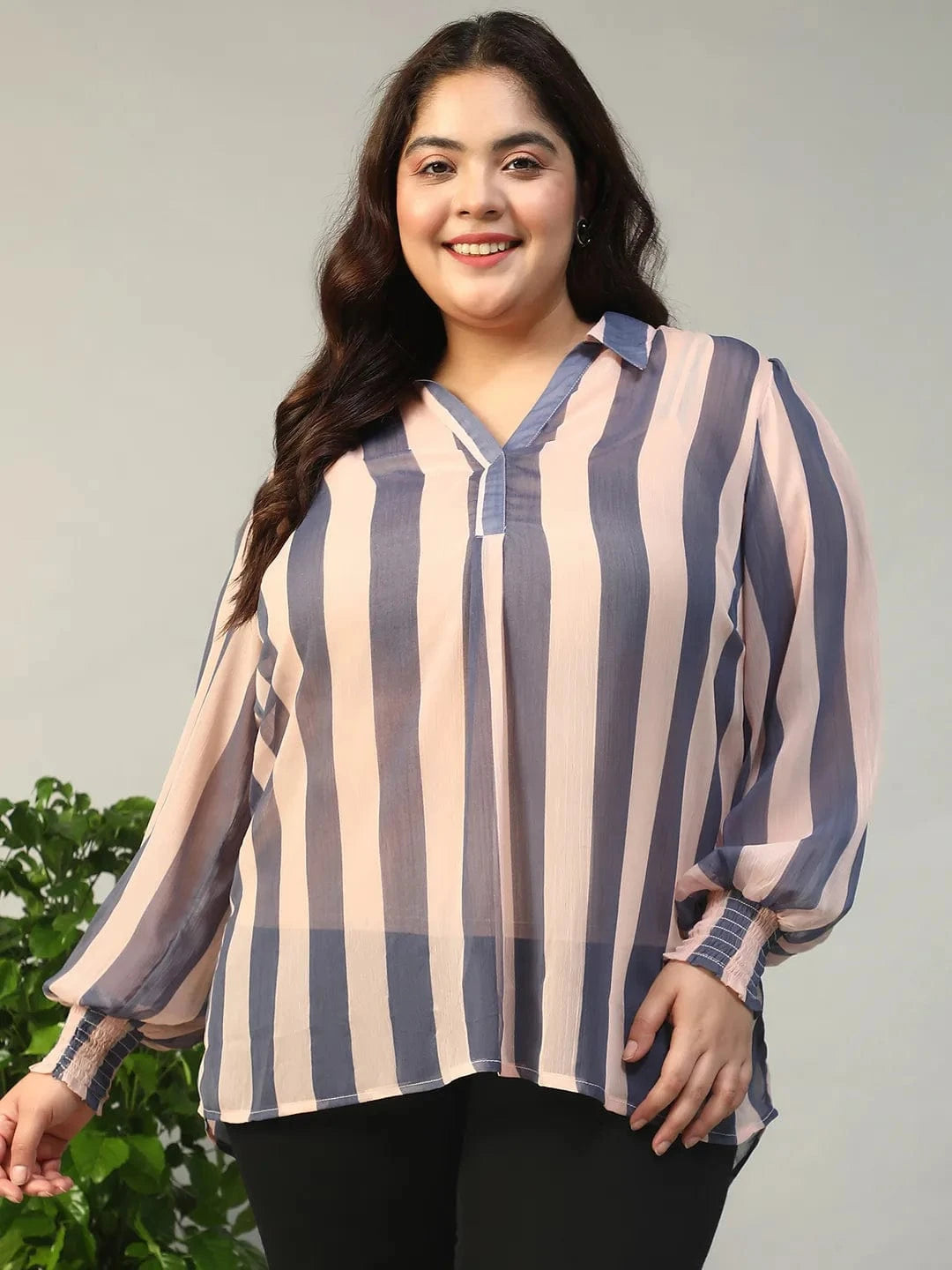 Leap Blue Stripe Print Collared Long Sleeve Poly Chiffonplus Size Women Top