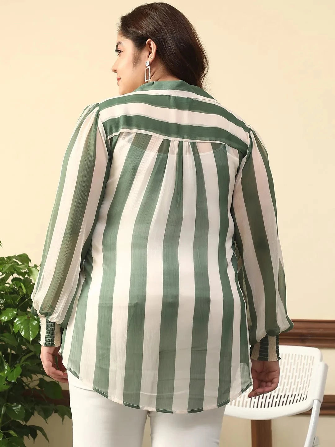 Random Green Stripe Print Collared Long Sleeve Poly Chiffon Plus Size Women Top