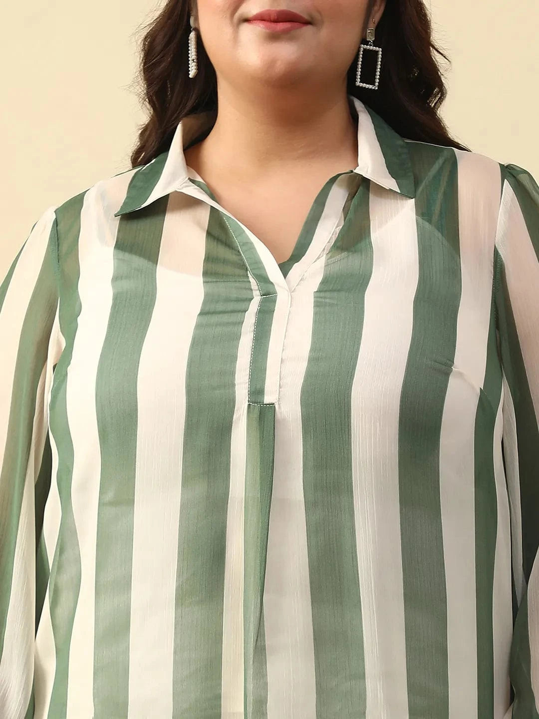 Random Green Stripe Print Collared Long Sleeve Poly Chiffon Plus Size Women Top