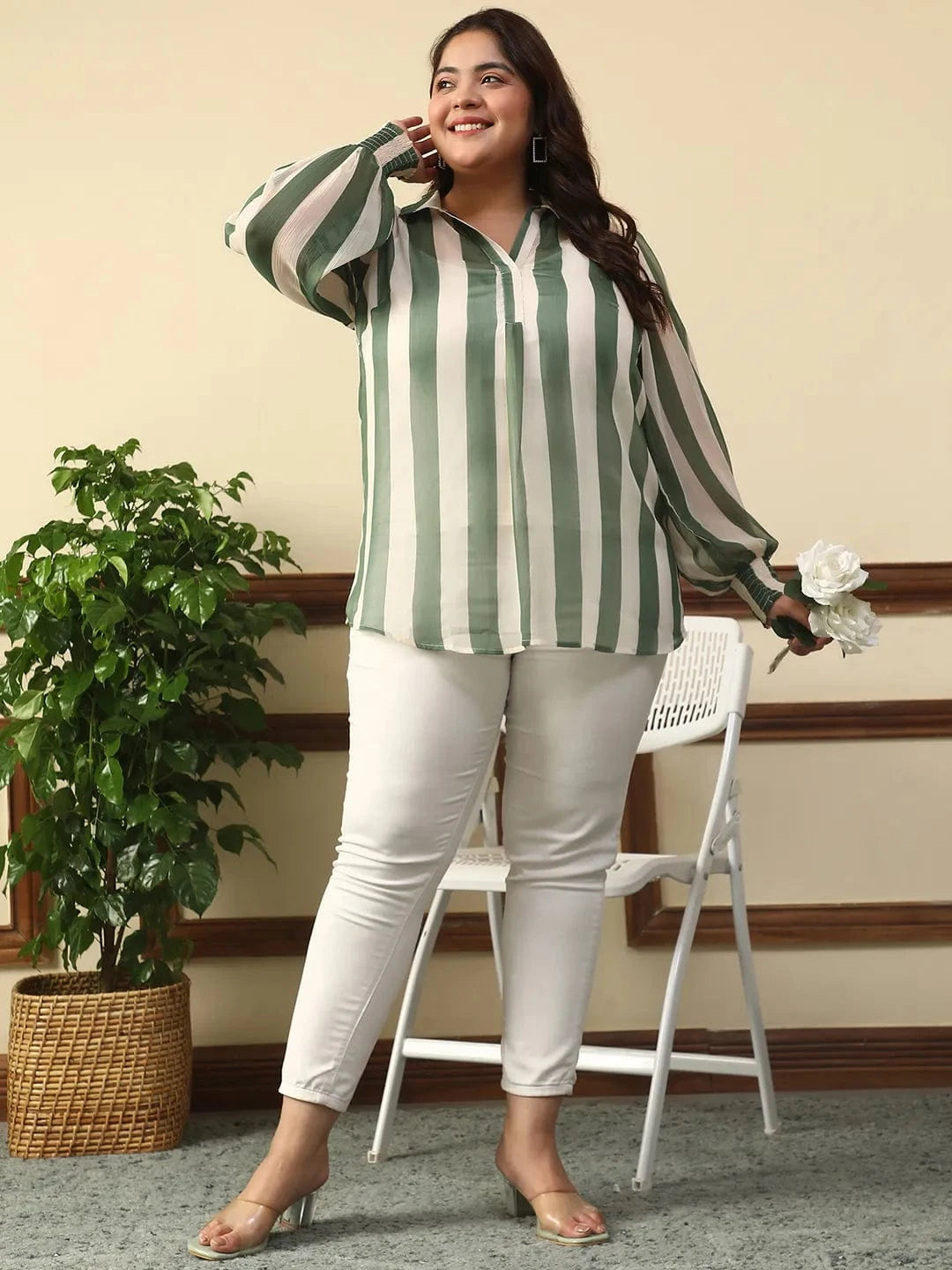 Random Green Stripe Print Collared Long Sleeve Poly Chiffon Plus Size Women Top