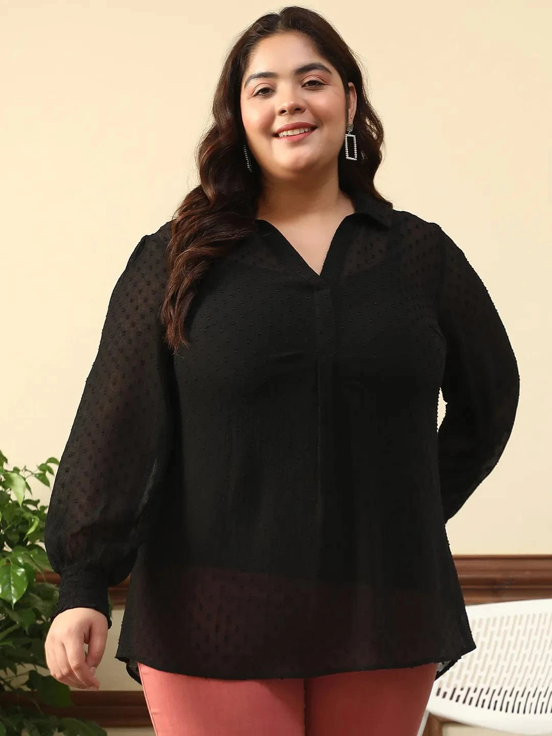 Wander Black Collared Long Sleeve Plus Size Women Swiss Dot Dobby Top