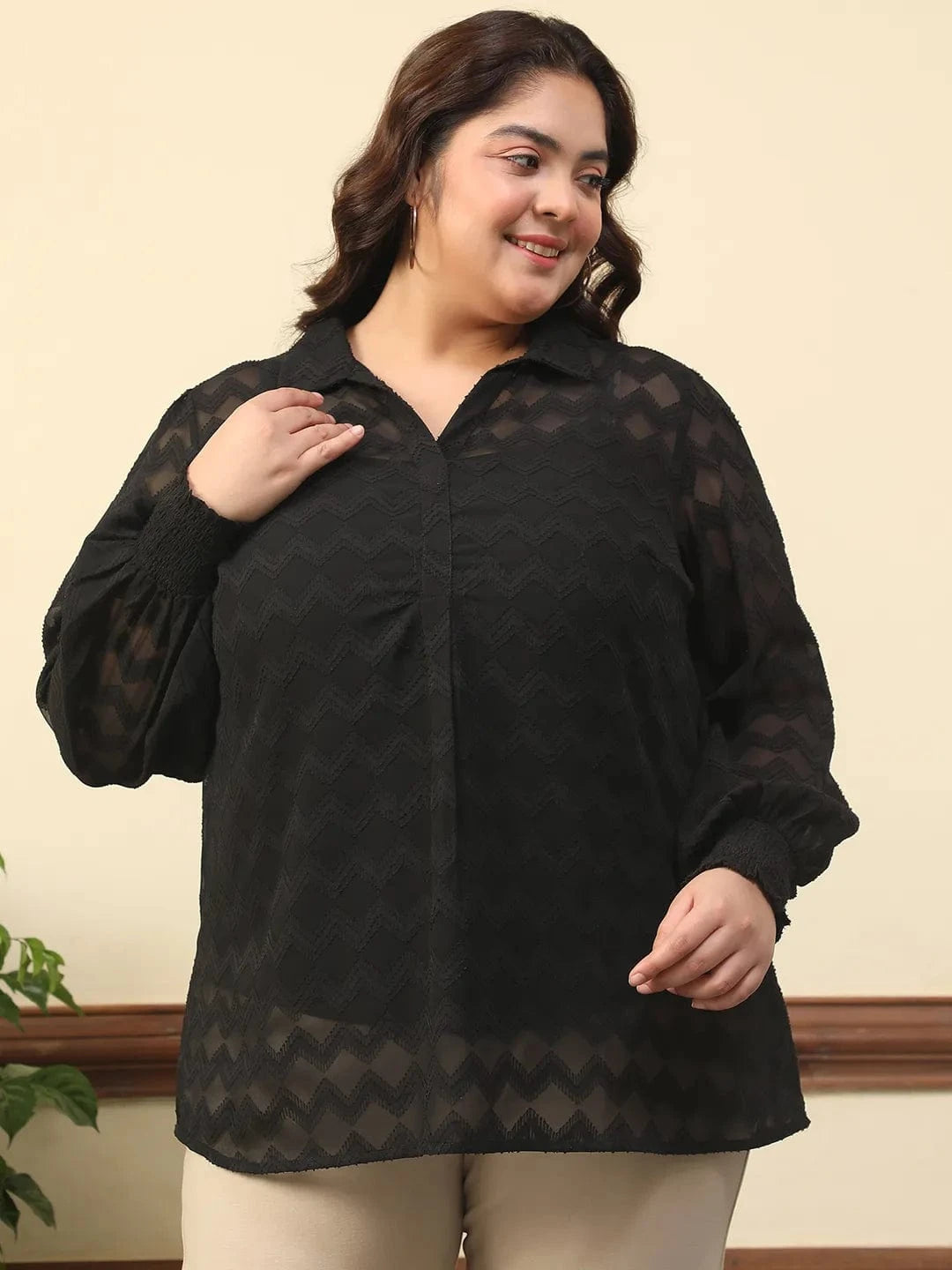 Wamper Black Collared Long Sleeve Plus Size Women Poly Dobby Top