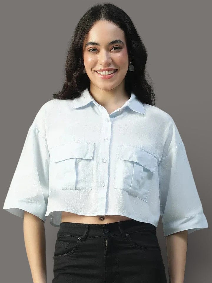 Standard Solid Blue Collared With Button Fly Short Sleeve Women Cotton Linen Crop Shirt