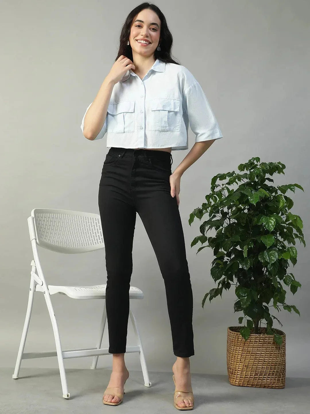 Standard Solid Blue Collared With Button Fly Short Sleeve Women Cotton Linen Crop Shirt - oxolloxo