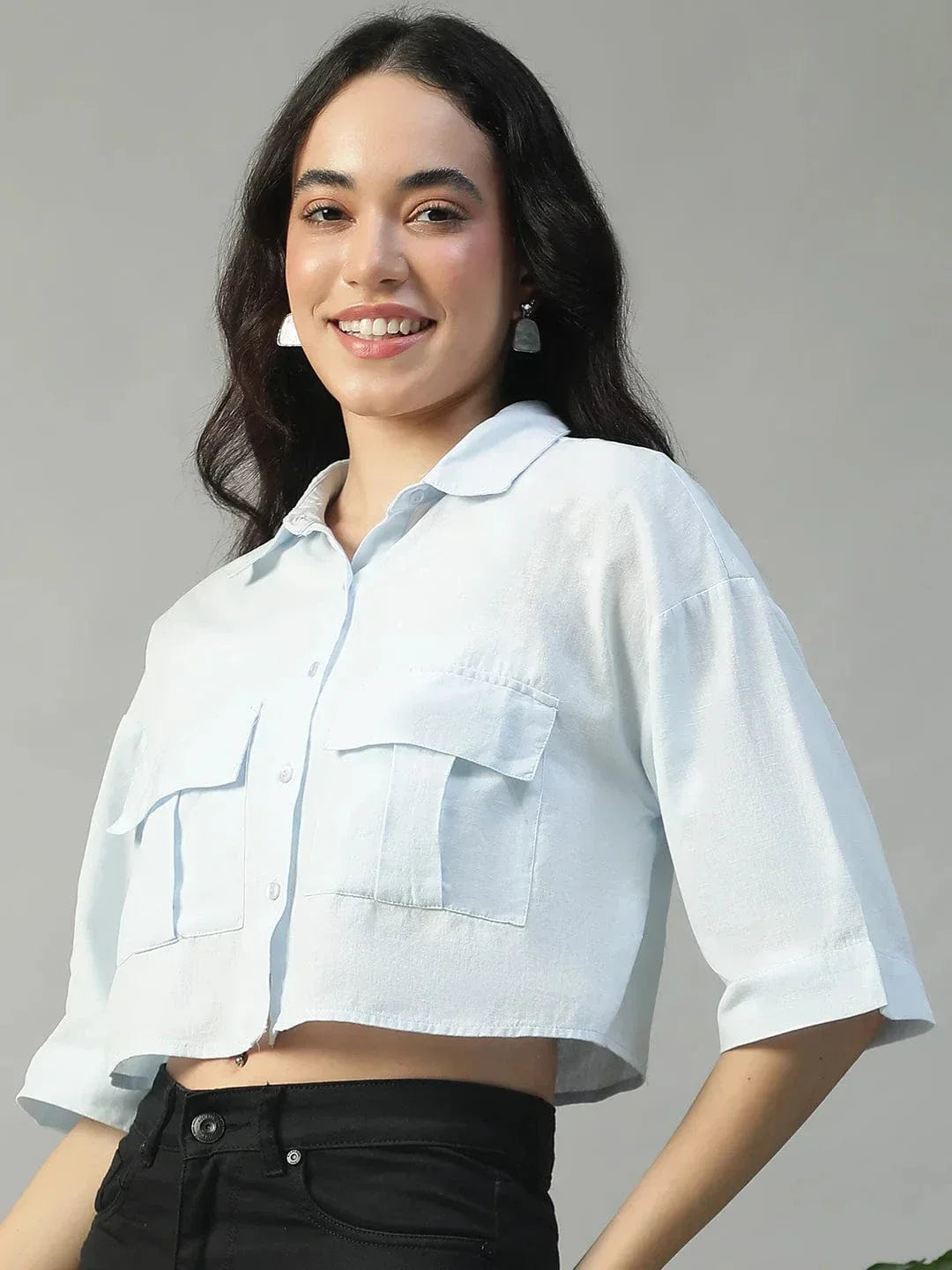 Standard Solid Blue Collared With Button Fly Short Sleeve Women Cotton Linen Crop Shirt - oxolloxo
