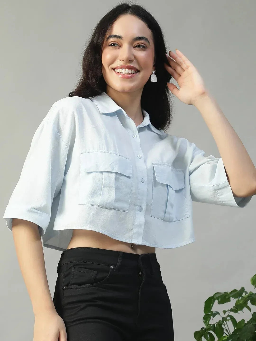 Standard Solid Blue Collared With Button Fly Short Sleeve Women Cotton Linen Crop Shirt - oxolloxo