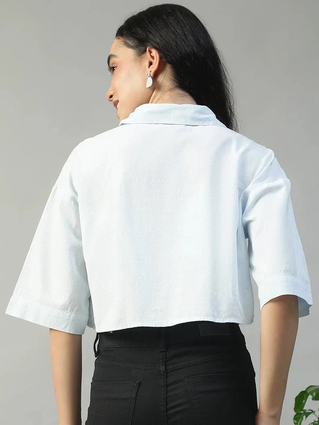 Standard Solid Blue Collared With Button Fly Short Sleeve Women Cotton Linen Crop Shirt - oxolloxo