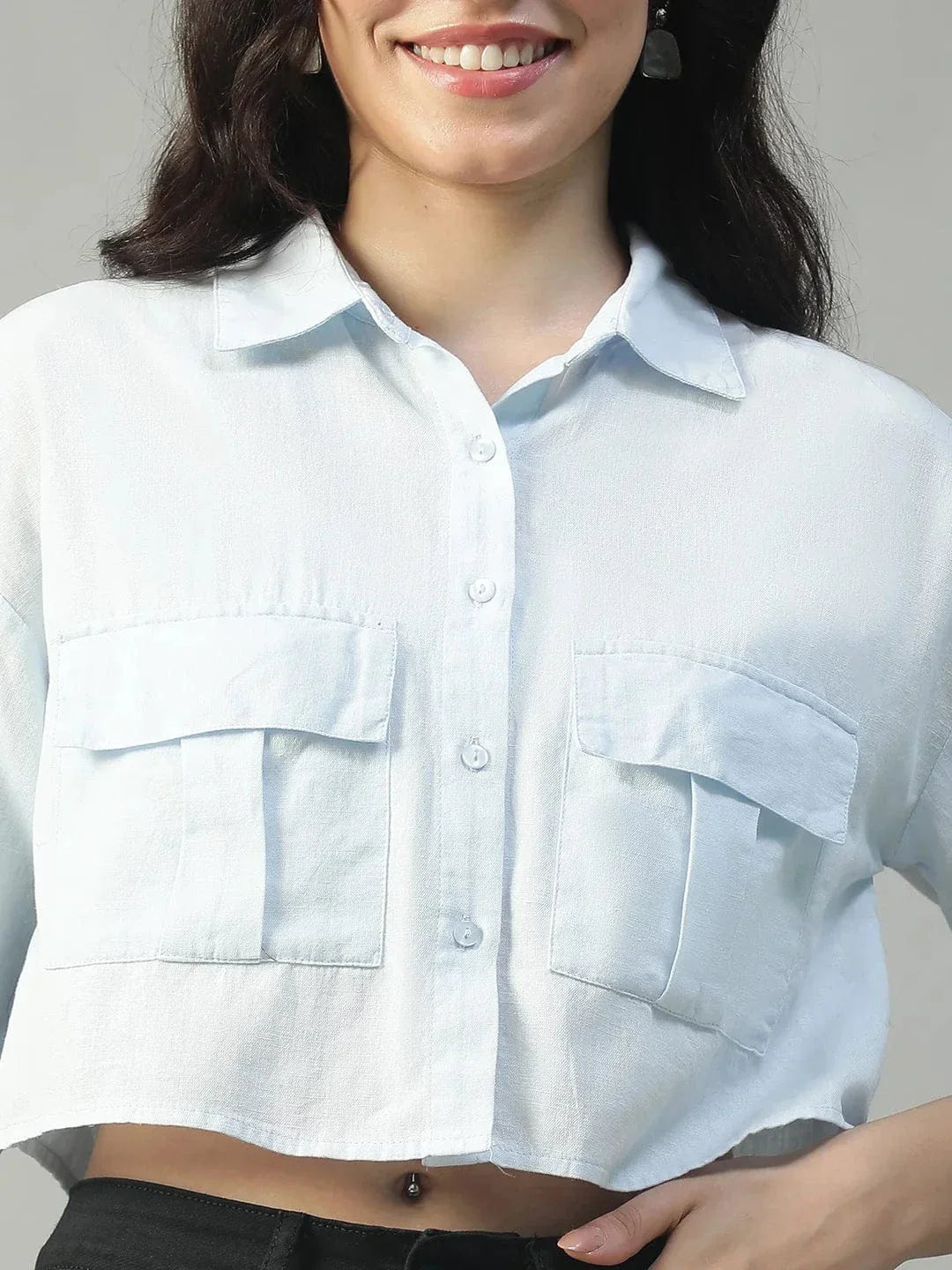 Standard Solid Blue Collared With Button Fly Short Sleeve Women Cotton Linen Crop Shirt - oxolloxo