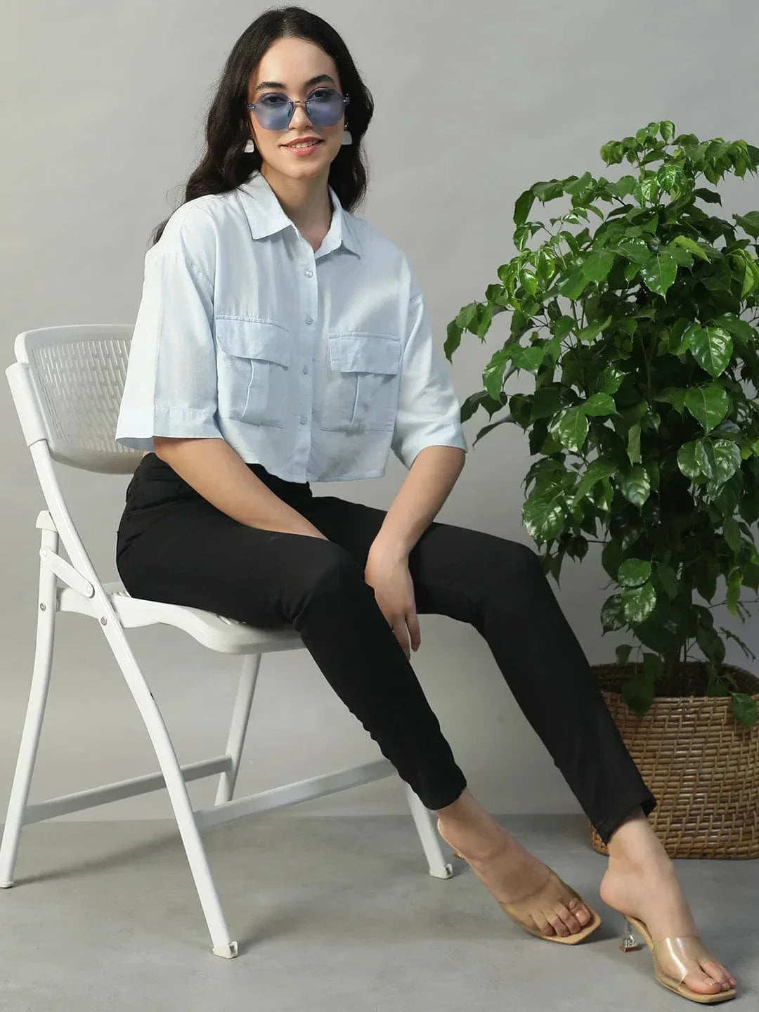 Standard Solid Blue Collared With Button Fly Short Sleeve Women Cotton Linen Crop Shirt - oxolloxo