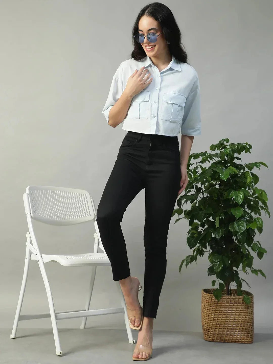 Standard Solid Blue Collared With Button Fly Short Sleeve Women Cotton Linen Crop Shirt - oxolloxo