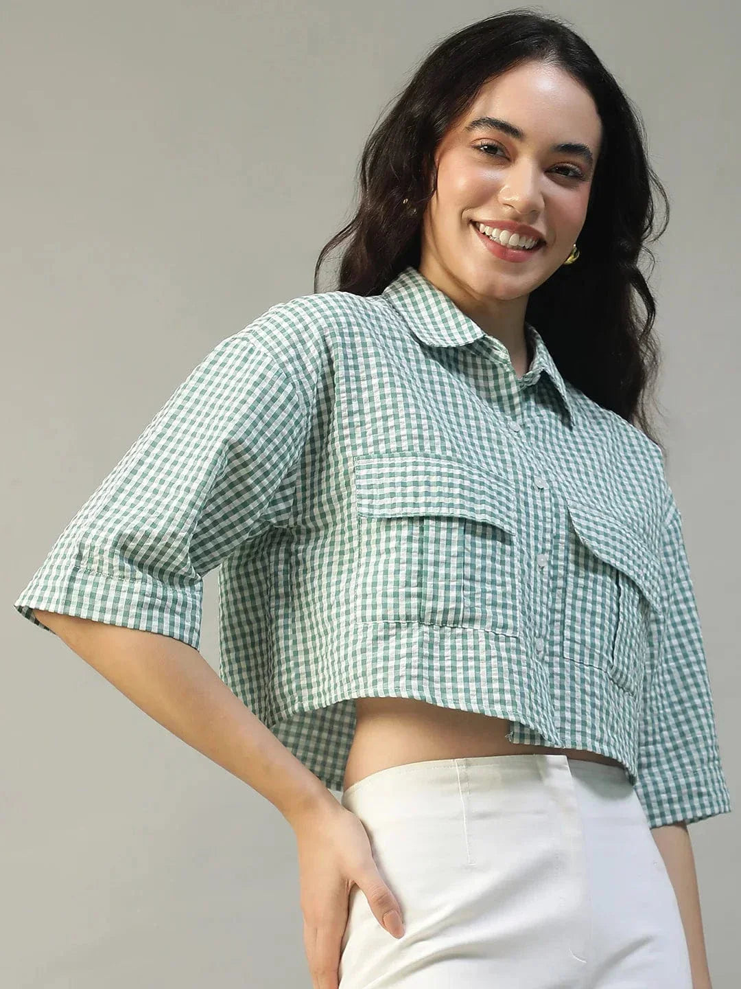 Keen Green Yarn Dyed Check Print Collared With Button Fly Short Sleeve Women Cotton Shirt - oxolloxo