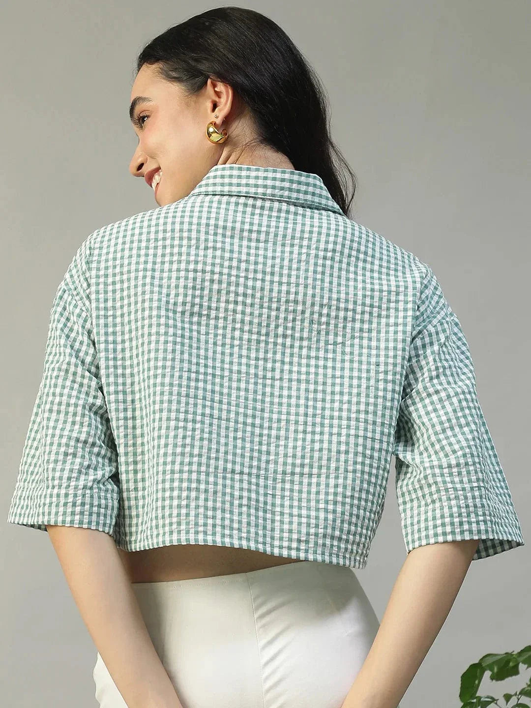 Keen Green Yarn Dyed Check Print Collared With Button Fly Short Sleeve Women Cotton Shirt - oxolloxo