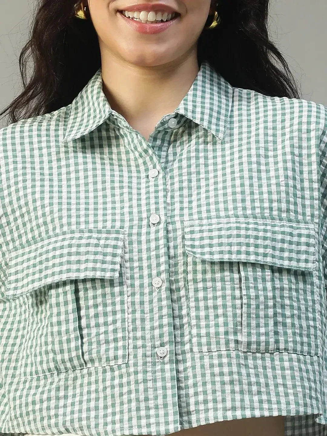 Keen Green Yarn Dyed Check Print Collared With Button Fly Short Sleeve Women Cotton Shirt - oxolloxo