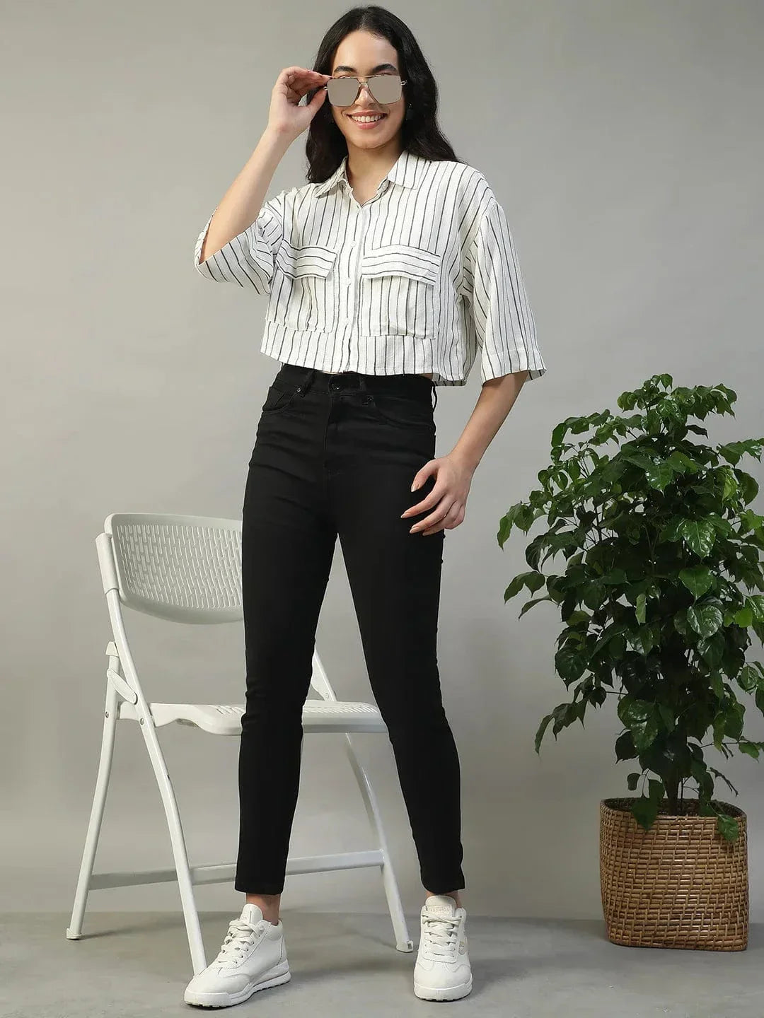 Straight White Stripe Print Collared With Button Fly Short Sleeve Women Yarn Dyed Dobby Shirt - oxolloxo