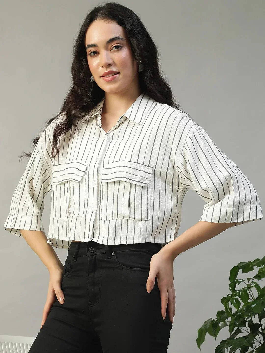 Straight White Stripe Print Collared With Button Fly Short Sleeve Women Yarn Dyed Dobby Shirt - oxolloxo