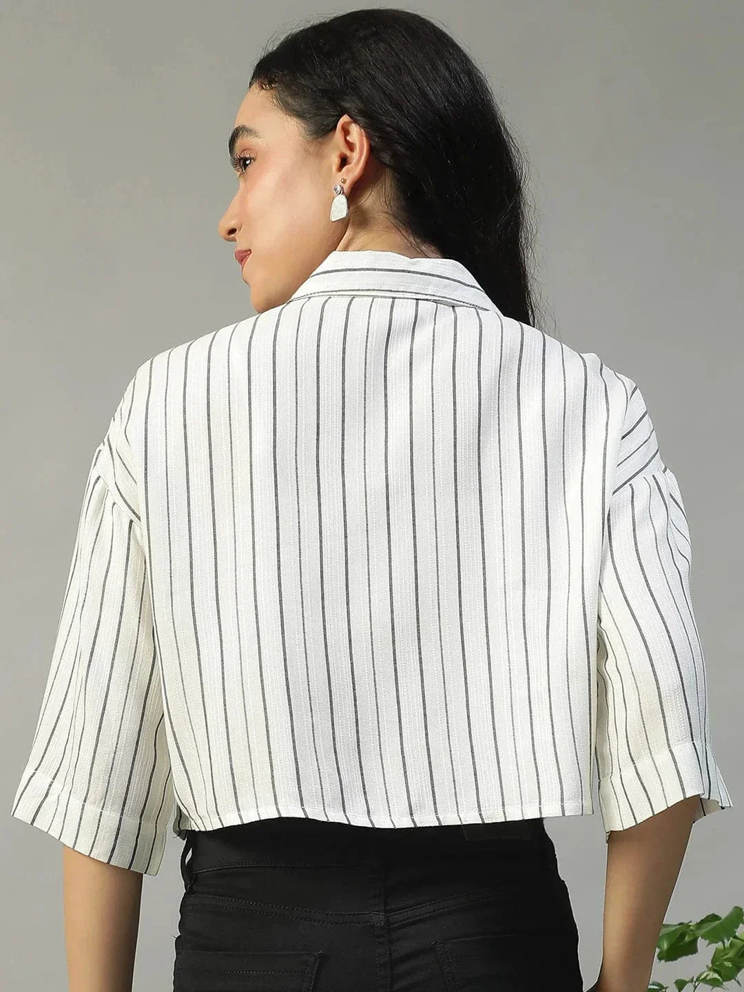 Straight White Stripe Print Collared With Button Fly Short Sleeve Women Yarn Dyed Dobby Shirt - oxolloxo