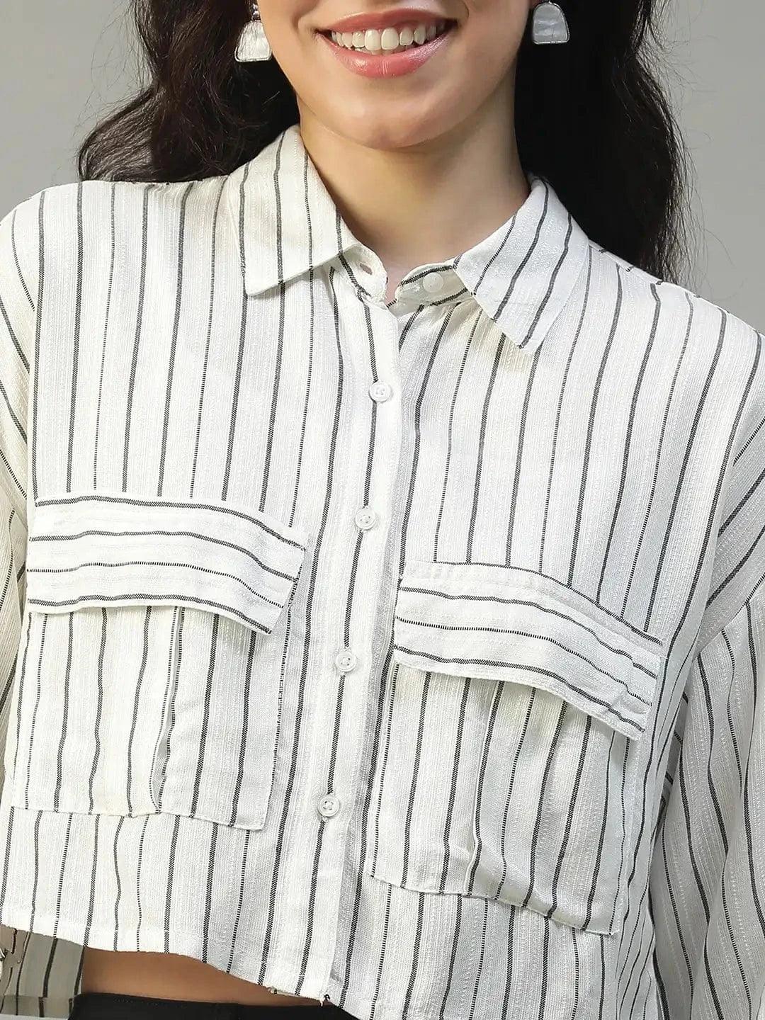 Straight White Stripe Print Collared With Button Fly Short Sleeve Women Yarn Dyed Dobby Shirt - oxolloxo