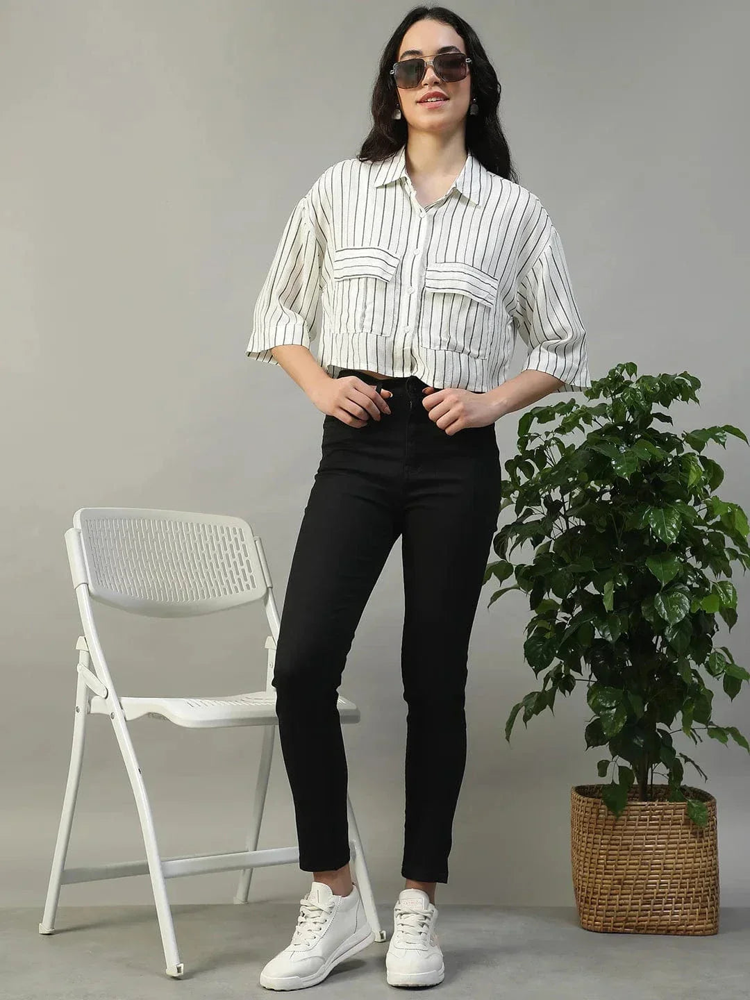 Straight White Stripe Print Collared With Button Fly Short Sleeve Women Yarn Dyed Dobby Shirt - oxolloxo