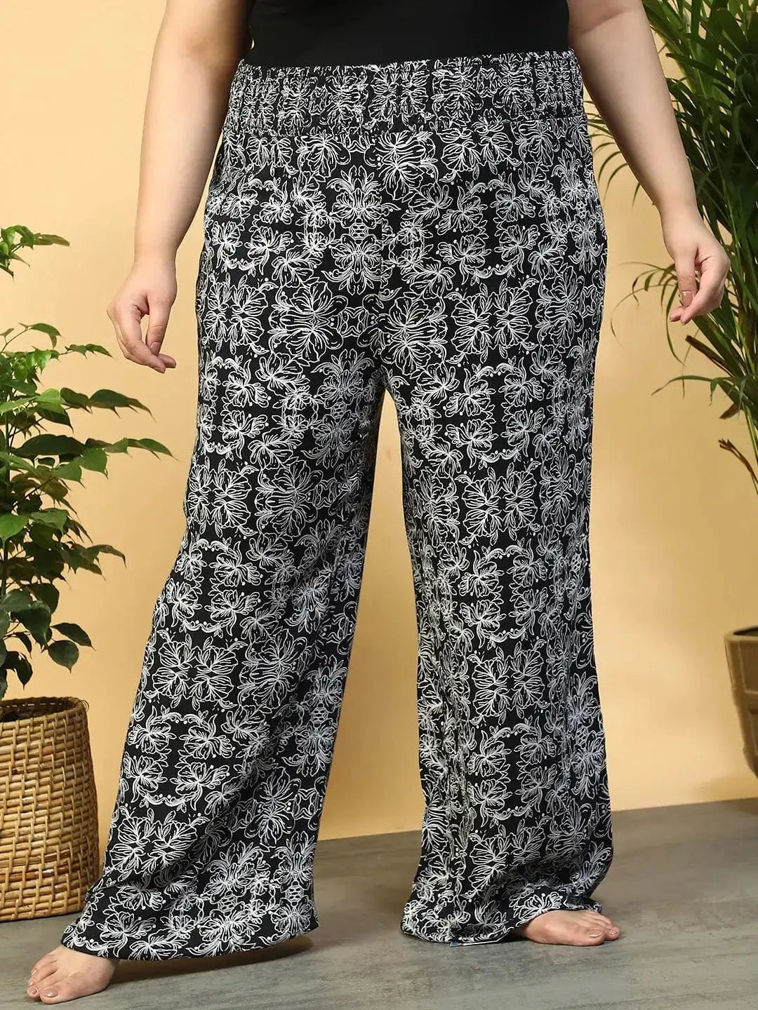 Jet Black Flared Elasticated Waist Plus Size Women Beachwear Pant
