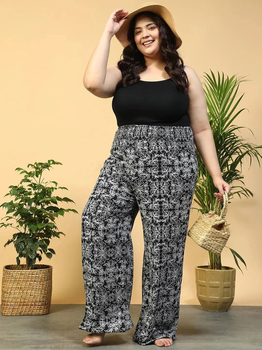 Jet Black Flared Elasticated Waist Plus Size Women Beachwear Pant