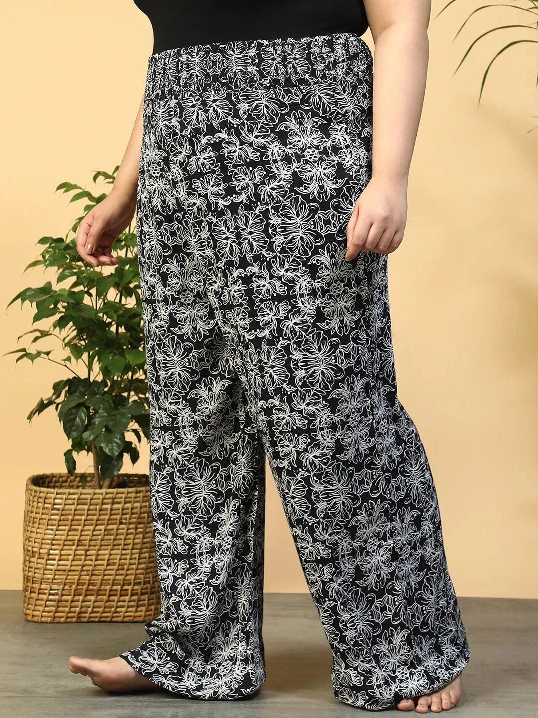 Jet Black Flared Elasticated Waist Plus Size Women Beachwear Pant