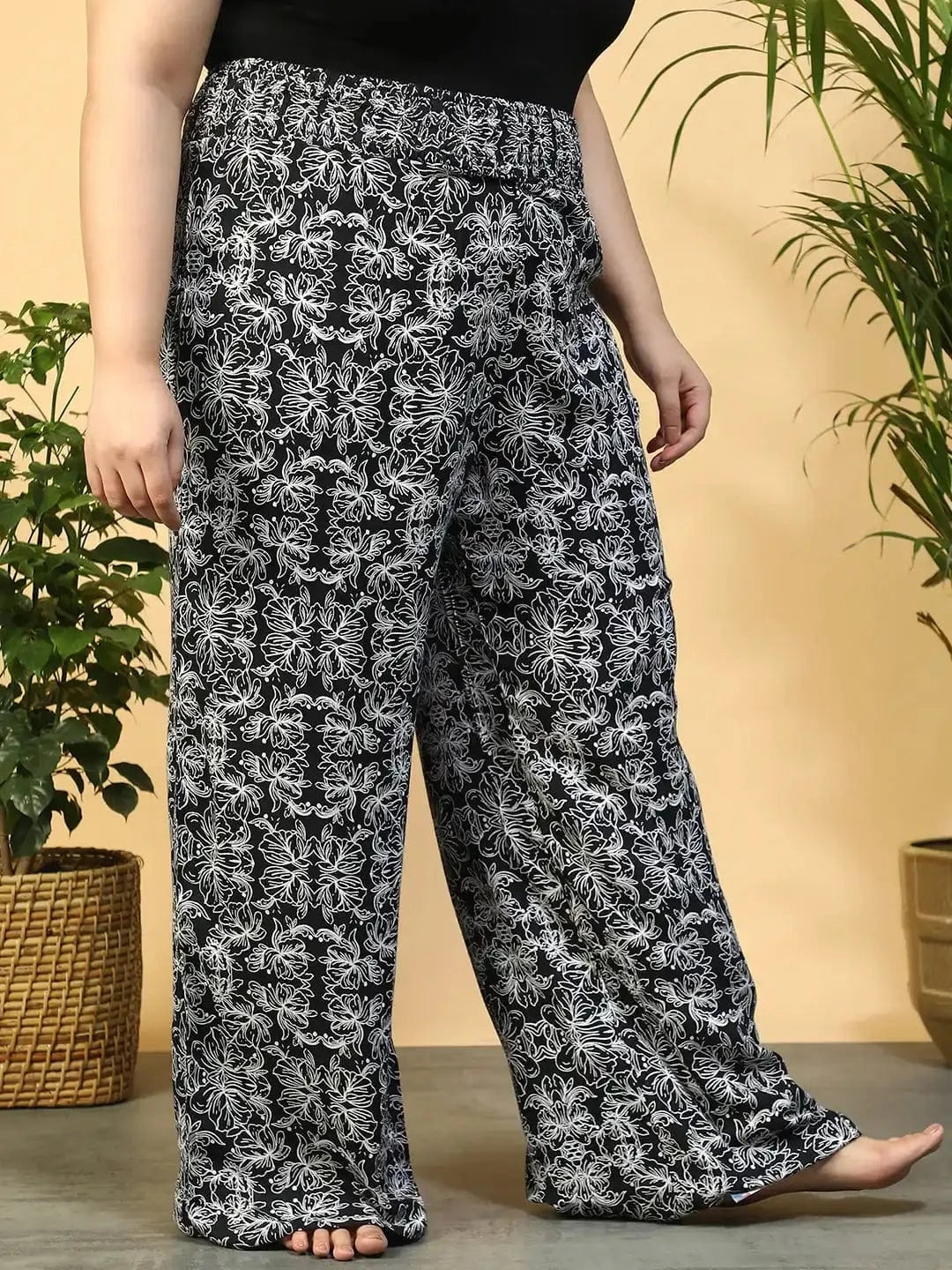 Jet Black Flared Elasticated Waist Plus Size Women Beachwear Pant