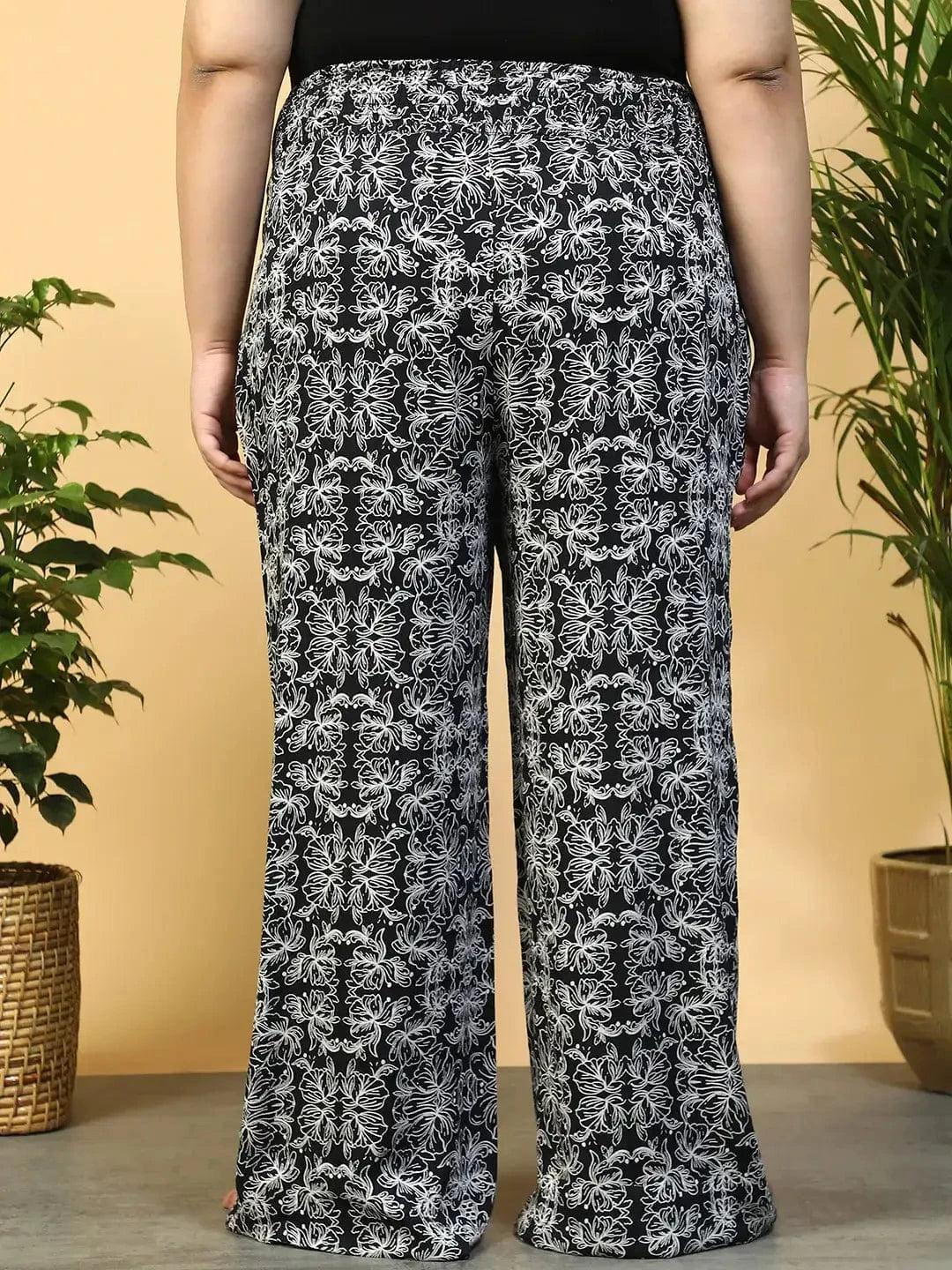Jet Black Flared Elasticated Waist Plus Size Women Beachwear Pant