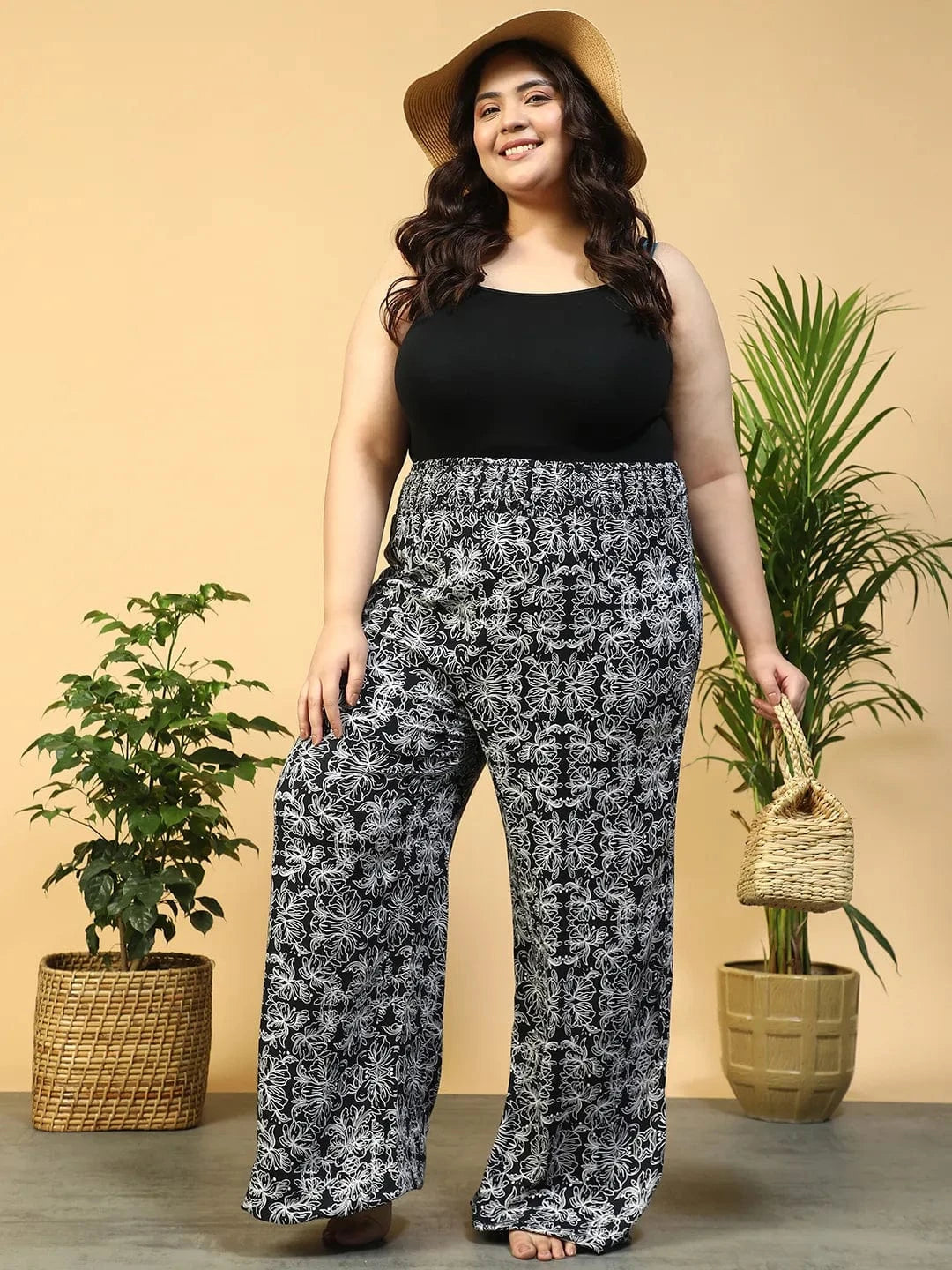 Jet Black Flared Elasticated Waist Plus Size Women Beachwear Pant