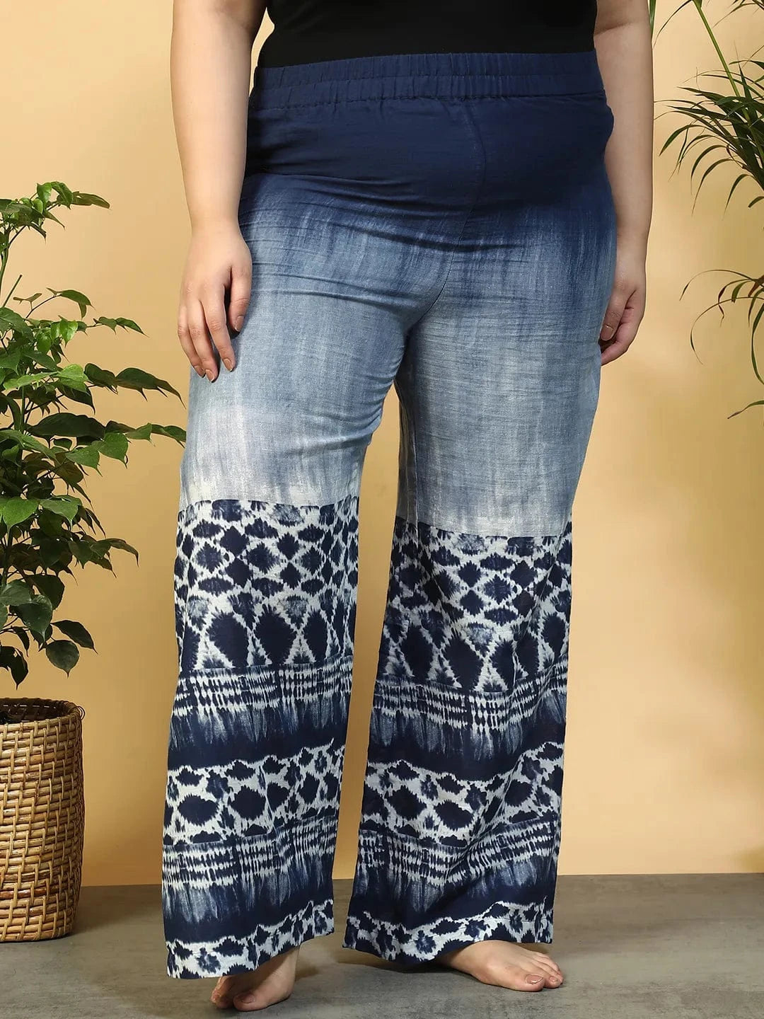 Navy Blue Tie-Dye Print Flared Elasticated Waist Plus Size Women Beachwear Cotton Pant