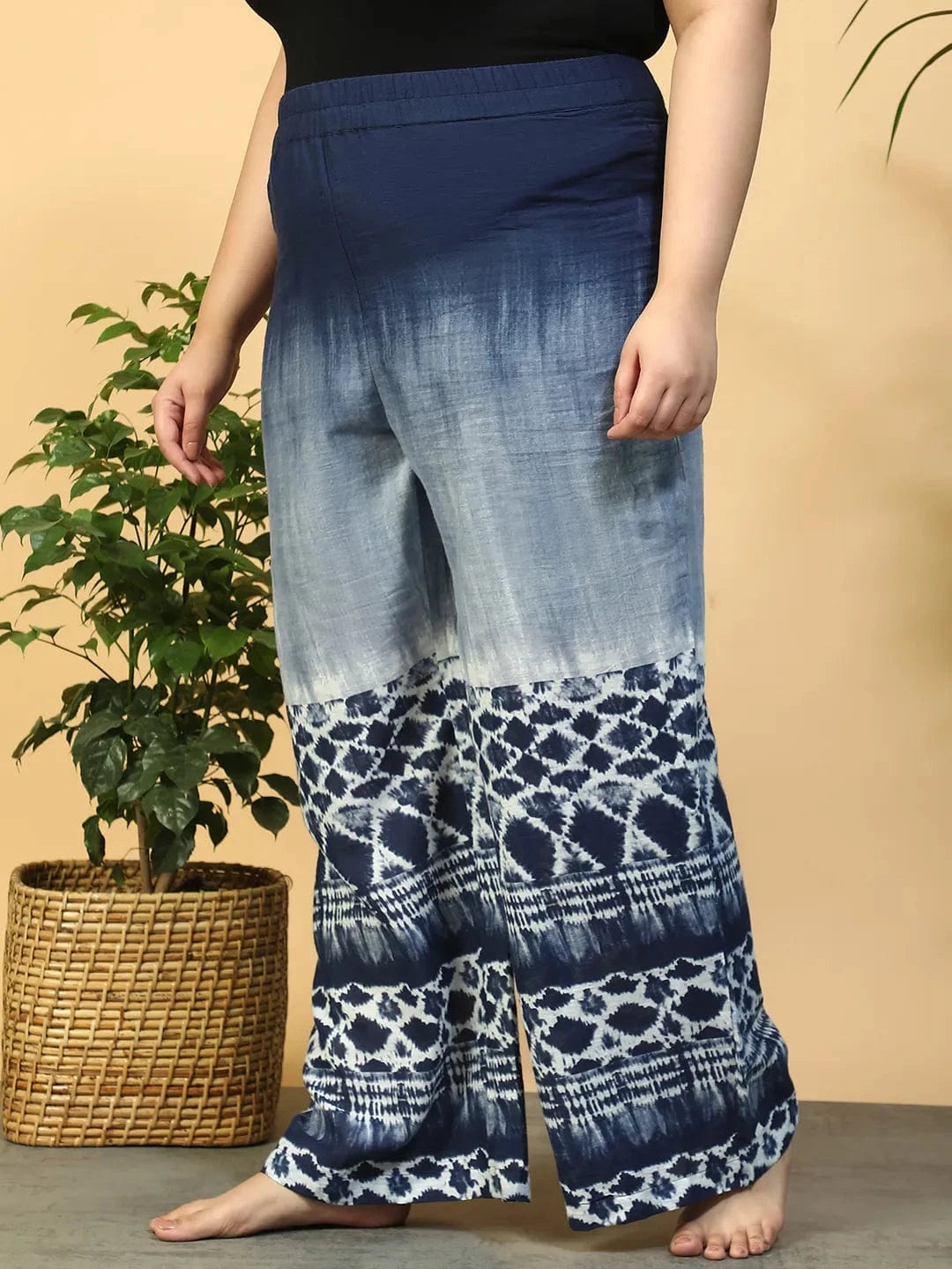 Navy Blue Tie-Dye Print Flared Elasticated Waist Plus Size Women Beachwear Cotton Pant