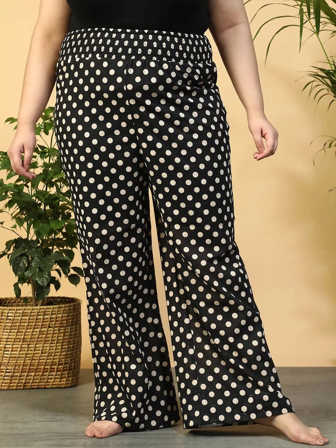 Black Polka Dot Print Flared Elasticated Waist, Plus Size Women Beachwear Cotton Pant