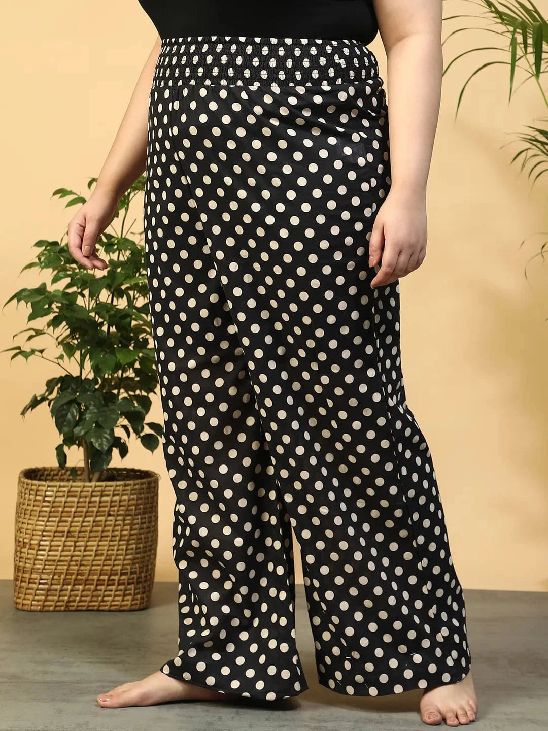 Black Polka Dot Print Flared Elasticated Waist, Plus Size Women Beachwear Cotton Pant