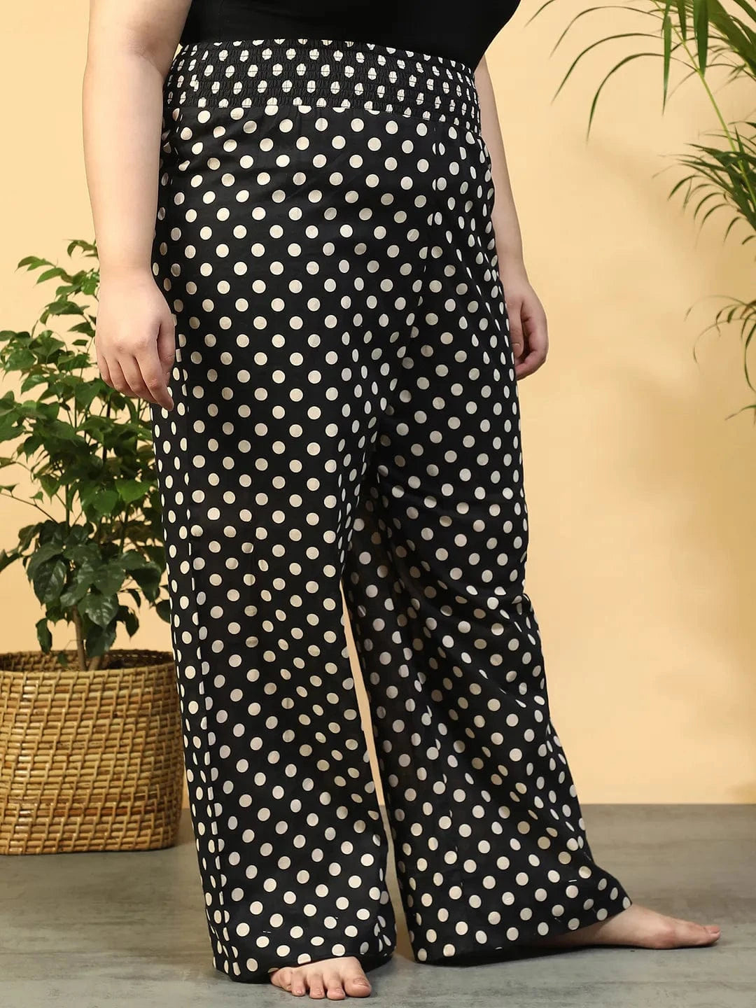 Black Polka Dot Print Flared Elasticated Waist, Plus Size Women Beachwear Cotton Pant