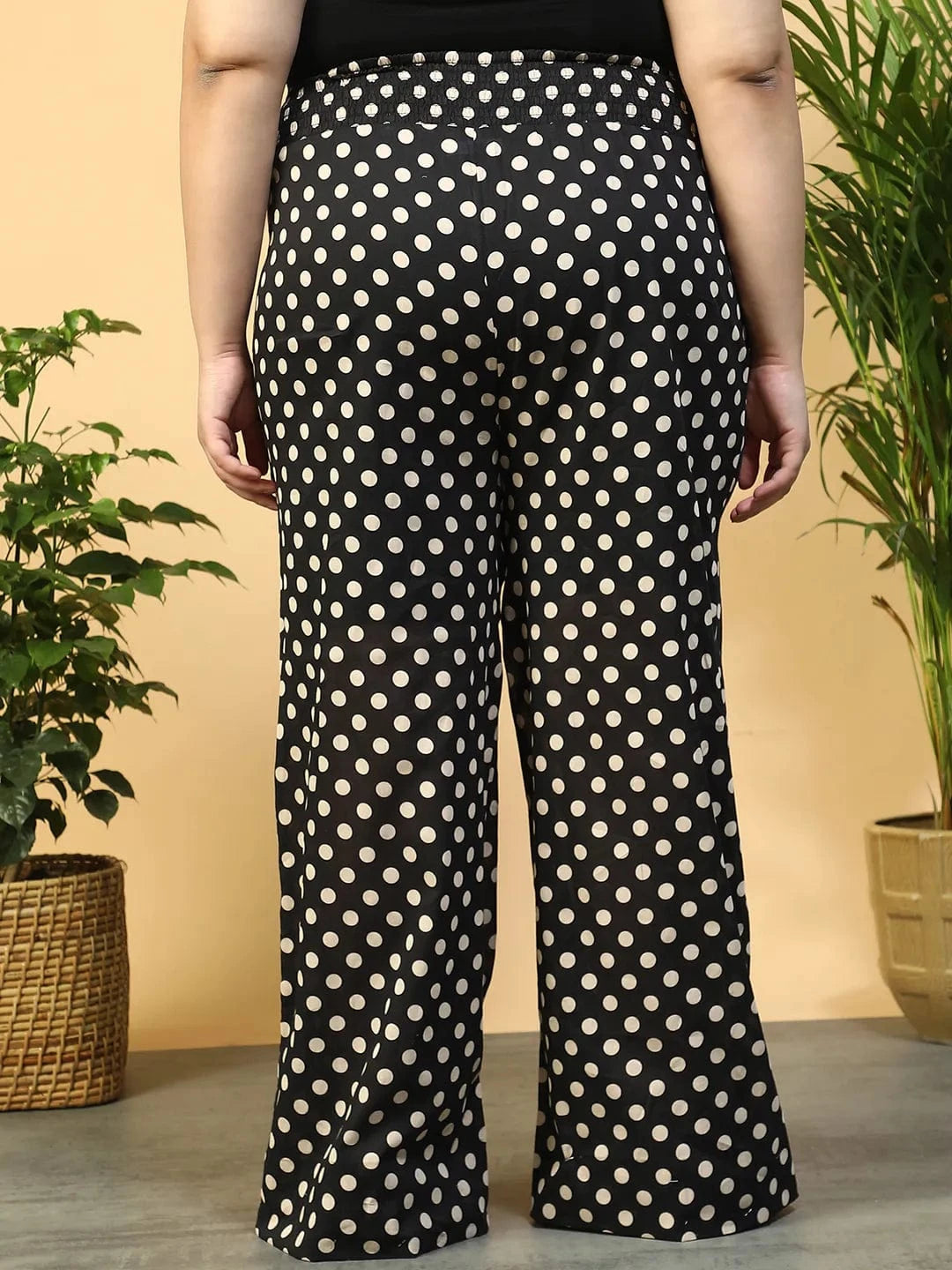 Black Polka Dot Print Flared Elasticated Waist, Plus Size Women Beachwear Cotton Pant