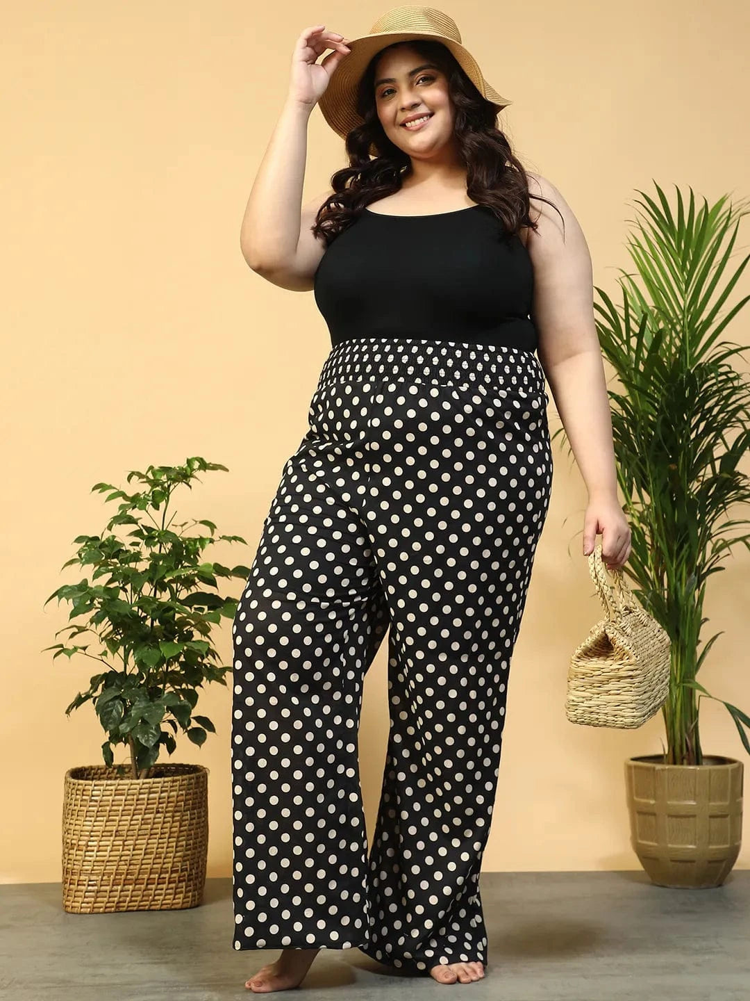 Black Polka Dot Print Flared Elasticated Waist, Plus Size Women Beachwear Cotton Pant