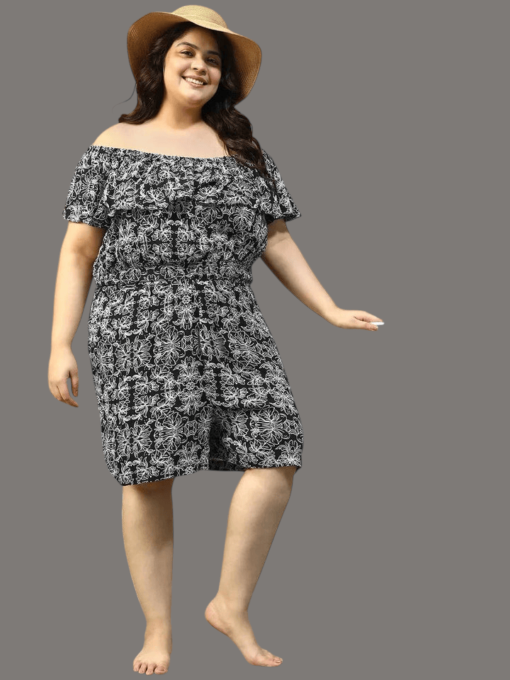 Plus Size Black Floral Print Beachwear Playsuit