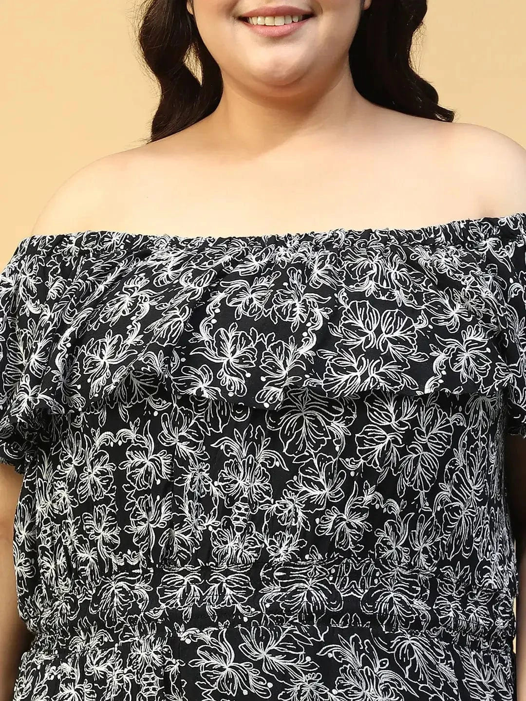 Flair Black Floral Print Elasticated Off - Shoulder Plus Size Beachwear Playsuit